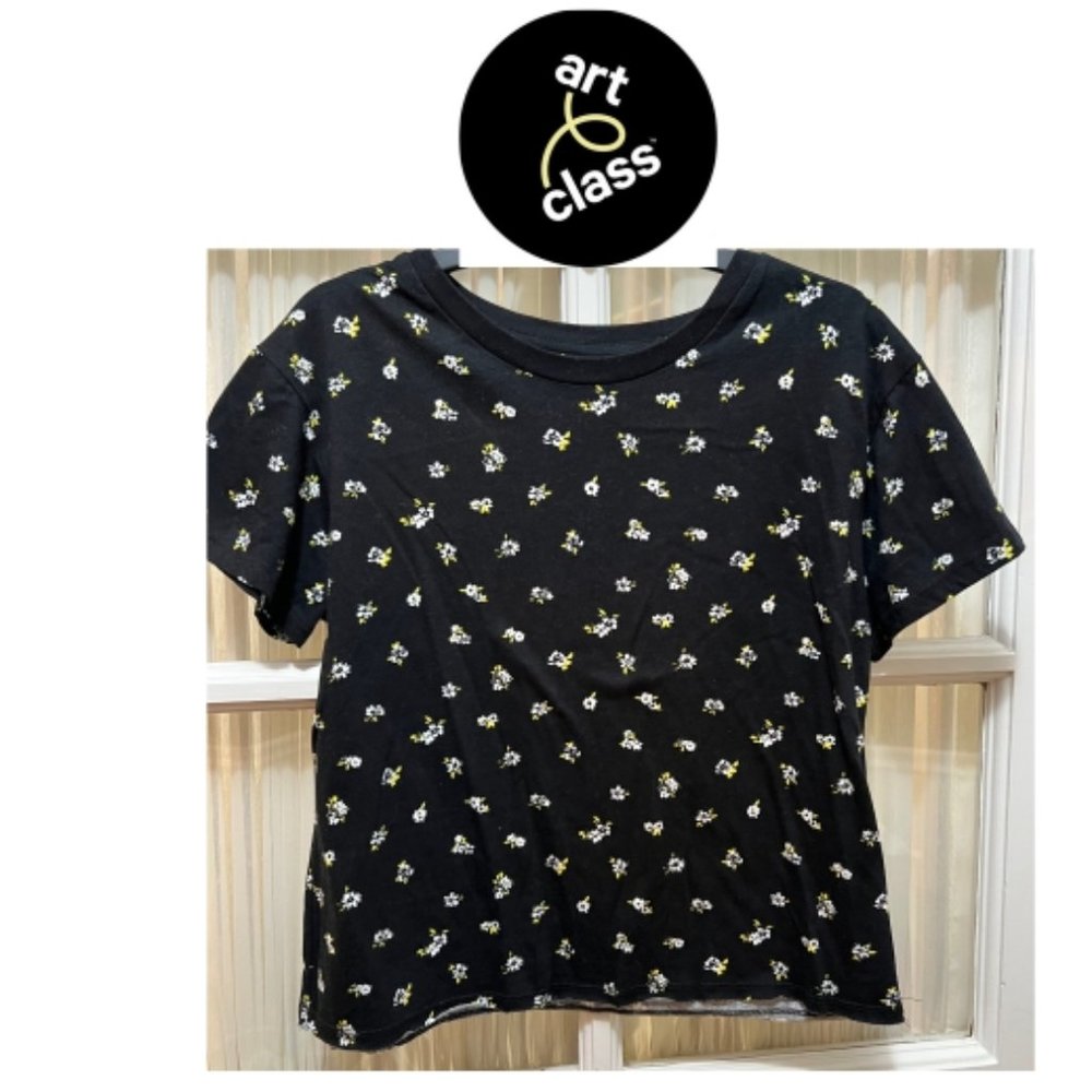 Art Class short-sleeve top; black with floral print; girls' size L